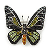 Small Black, Green,Olive, Orange Austrian Crystal Butterfly Brooch In Silver Tone - 30mm Length