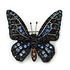 Small Black, Orange, Blue Austrian Crystal 'Monarch' Butterfly Brooch In Black Tone Metal - 30mm Length