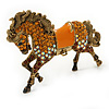 Topaz Coloured Swarovski Crystal Horse Brooch In Antique Gold Tone - 70mm Across