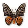 Black, Orange Austrian Crystal 'Tiger' Butterfly Brooch In Gold Plating - 50mm Length