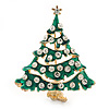 Vintage Inspired Holly Jolly Clear Crystal Christmas Tree Brooch In Gold Plating - 55mm Length