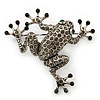 Dim Grey Austrian Crystal Leaping Frog Brooch In Burn Silver Tone - 50mm Length