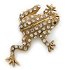 Gold Tone Textured, Clear Crystal Leaping Frog Brooch - 60mm Length
