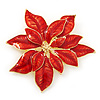 Christmas Bright Red Enamel Poinsettia Holiday Brooch In Gold Plating - 55mm