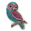 Teal, Magenta, Light Green Austrian Crystal 'Wise Owl' Brooch/ Pendant In Silver Tone - 70mm Length