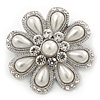 Bridal Rhodium Plated White Glass Pearl, Clear Crystals 'Daisy' Brooch - 50mm Diameter
