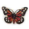 Small Black, Orange, Red, Milky White Austrian Crystal 'Tiger' Butterfly Brooch In Gold Plating - 37mm Width