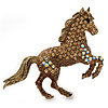 Topaz, Amber, AB Coloured Pave Set Austrian Crystal 'Horse' Brooch/ Pendant In Broze Tone - 65mm Across
