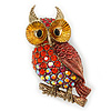 Brick Red, Burgundy, AB Swarovski Crystal Owl Brooch/ Pendant In Gold Plating - 40mm Length