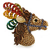 Multicoloured Austrian Crystal Circus Horse Head Brooch/ Pendant In Gold Tone - 70mm Across
