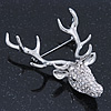 Large Clear Austrian Crystal Stag Head Brooch In Rhodium Plating - 70mm Length