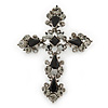 Victorian Black, Hematite Austrian Crystal Cross Brooch/ Pendant In Gunmetal - 58mm Length