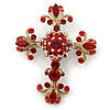 Statement Burgundy Red Austrian Crystal Filigree Cross Brooch/ Pendant In Gold Tone Metal - 70mm Length