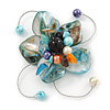 Handmade Light Blue Shell, Beaded Wire Flower Brooch In Silver Tone - 45mm Diameter