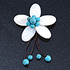 Handmade White Shell Flower With Turquoise Bead Dangle Brooch - 95mm Length