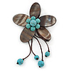 Handmade Slate Black Shell Flower With Turquoise Bead Dangle Brooch - 95mm Length