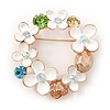 White Enamel, Cz  Floral Wreath Brooch In Gold Plating - 40mm Width