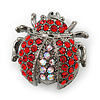 Small Red, Pink Crystal 'Ladybug' Brooch In Gun Metal - 24mm Length