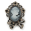 Vintage Inspired Crystal Cameo With Bow Brooch/ Pendant In Antique Silver Metal - 45mm Length