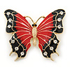 Red/ Black Enamel, Crystal Butterfly Brooch In Gold Tone - 55mm L