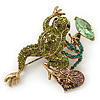 Olive, Green, Purple Austrian Crystal Frog Brooch In Gold Tone - 55mm L