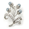 Light Grey Imitation Pearl, Clear Crystal Floral Brooch In Silver Tone - 45mm L