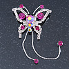 Fuchsia, Clear Crystal Butterfly With Dangling Tail Brooch In Silver Tone - 95mm L