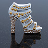 White Enamel, Crystal High Heel Shoe Brooch In Gold Tone - 35mm L