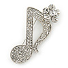 Silver Tone Clear Crystal Musical Note Brooch - 40mm L