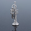 Silver Tone Clear Crystal Musical Instrument Trumpet Brooch - 48mm L