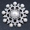 Bridal Crystal, Faux Pearl Filigree Round Brooch In Silver Tone - 47mm Diameter