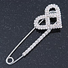 Rhodium Plated Clear Crystal Heart Safety Pin Brooch - 85mm L