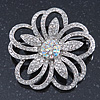 Statement Clear & AB Austrian Crystal Flower Brooch In Rhodium Plating - 40mm Diameter