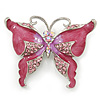Pink Enamel Crystal Butterfly Brooch In Rhodium Plating - 50mm W