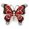 Burgundy/ Red Enamel Crystal Butterfly Brooch In Rhodium Plating - 50mm W