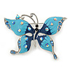 Sky & Royal Blue Enamel Crystal Butterfly Brooch In Rhodium Plating - 55mm W