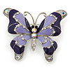 Lilac/ Purple Enamel Crystal Butterfly Brooch In Rhodium Plating - 50mm W