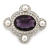 'Old Hollywood' White Simulated Pearl, Clear, Amethyst Crystal Oval Brooch In Rhodium Plating - 50mm Across