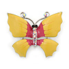 Yellow/ Pink Enamel, Crystal Butterfly Brooch In Silver Tone - 40mm Across