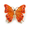 Large Orange Enamel, Crystal Butterfly Brooch In Gold Plating - 55mm Across