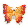 Gigantic Orange/ Pink Enamel, Crystal Butterfly Brooch In Gold Plating - 80mm Across