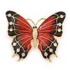 Oversized Red/ Dark Brown Enamel Butterfly Brooch In Gold Plating - 80mm Across