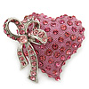 Romantic Pink Crystal Heart with Bow Brooch In Rhodium Plating - 35mm L