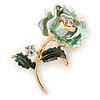 Romantic Mint/ Dark Green Crystal Rose Flower Brooch In Gold Plating - 52mm L