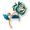 Romantic Light Blue/ Teal Crystal Rose Flower Brooch In Gold Plating - 52mm L