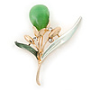 Green/ Mint Enamel Cat's Eye Stone Flower Brooch In Gold Tone - 50mm L