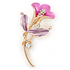 Deep Pink/ Lilac Enamel, Crystal Calla Lily Brooch In Gold Plating - 53mm L