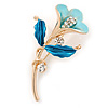 Light Blue/ Teal Enamel, Crystal Calla Lily Brooch In Gold Plating - 53mm L