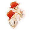 Pink Enamel, Crystal With Coral Glass Stones Floral Brooch In Gold Plating - 45mm L