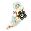 Mint/ Dark Green Enamel, Crystal Flowers and Butterfly Brooch In Gold Tone - 50mm L